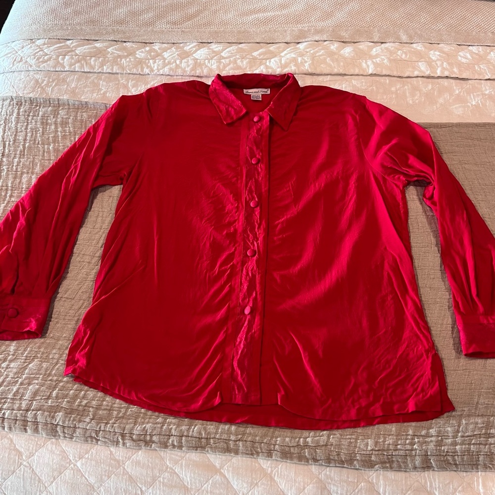 Vintage Anna & Frank Red 100% Silk Lace Detail Button Down Blouse | Size Large